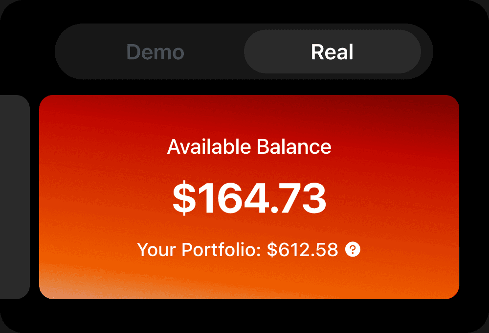 The Demo and Real account switch above an available balance of $164.73