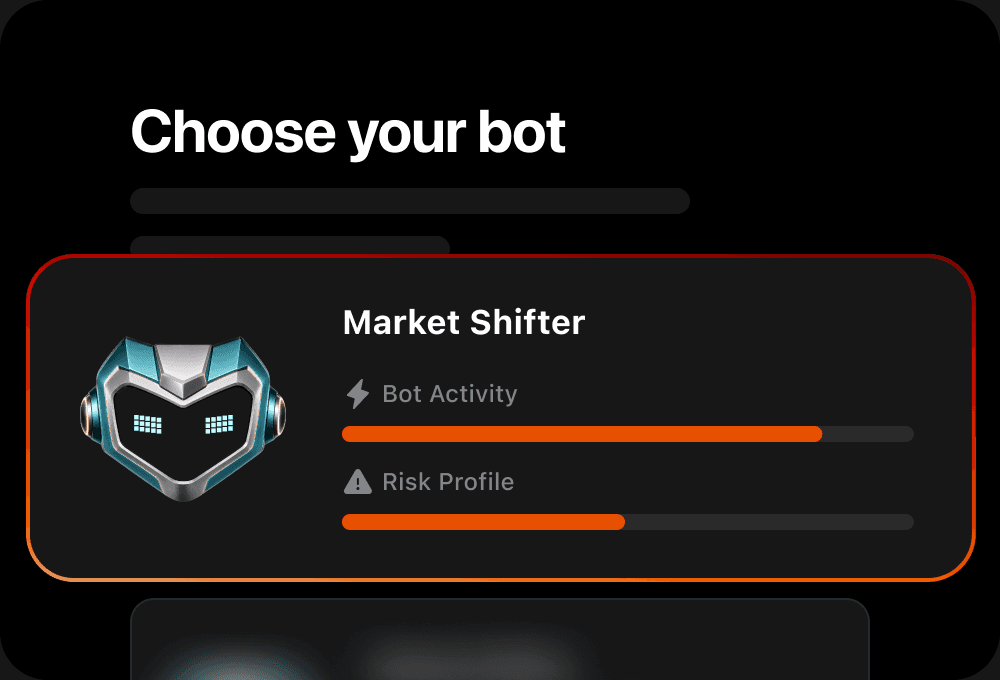 The bot picker with Market Shifter selected, showing its bot activity and risk profile